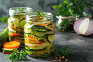 AI generated A raw diet with fresh cucumber, peppers, onions and carrots in a jar. Vegan food concept, fermented vegetables photo