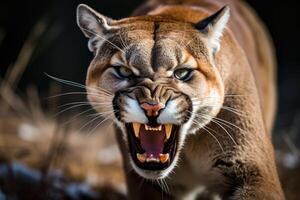 ai generado rugido Puma o montaña león caza sus presa foto