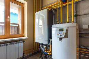 AI generated Heating system and gas boiler in the house photo