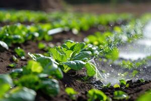 AI generated Lettuce in the field. Precision irrigation systems for efficient water use in agriculture. photo