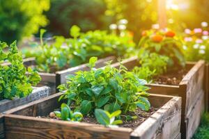 AI generated Raised garden beds filled with thriving vegetables in backyard photo