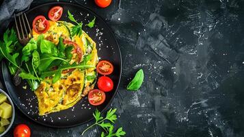 AI generated Healthy breakfast food, stuffed egg omelette with vegetable photo