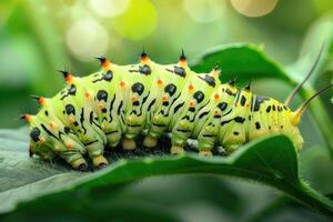 ai generado de cerca Disparo de un oruga gateando en el verde planta foto