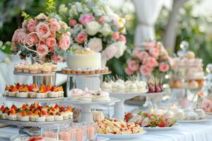 ai generado lujo comida y bebidas en Boda mesa foto