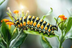 AI generated Closeup shot of a caterpillar crawling on the green plant photo