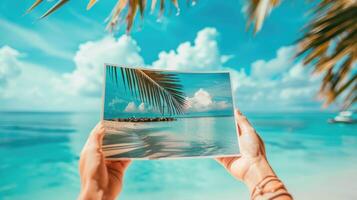 AI generated Woman hands holding printed vacation photos. Memories of a holiday by the sea. photo