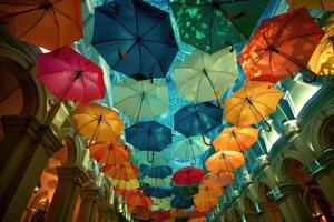 AI generated Lots of colorful umbrellas opposite opposite sky photo