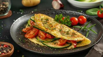 ai generado sano desayuno alimento, relleno huevo tortilla con vegetal foto