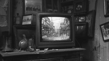 ai generado histórico televisión con negro y blanco fotografía. un sensación de nostalgia y melancolía foto