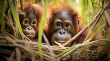 ai generado hembra de el orangután con un bebé en un matorral de césped foto