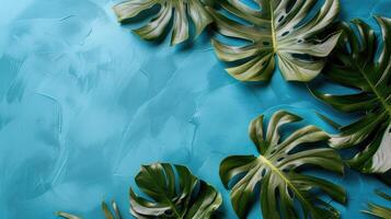 AI generated Tropical monstera leaves on blue background. Minimalist fashion summer template. photo