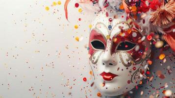 AI generated Venetian carnival mask and party confetti with copy space photo