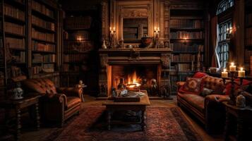 AI generated A cozy library with a fireplace and shelves of old books. A sense of nostalgia and intellectual calm. photo