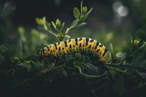 ai generado de cerca Disparo de un oruga gateando en el verde planta foto