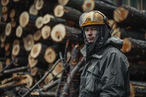 AI generated Forestry worker in protective workwear in front of wood lumber cut tree photo