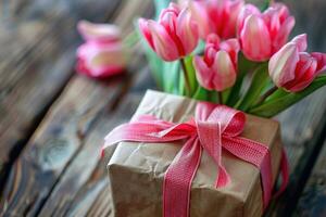 AI generated Gift with bow and tulips. Happy Valentines day and love decoration concept. photo