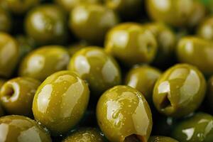 AI generated Closeup of green olives in sunny day. photo