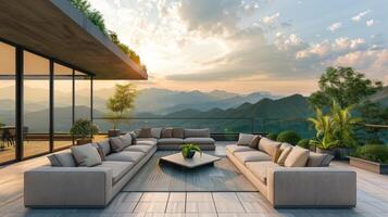 AI generated Luxury outdoor seating area lounge or terrace with nature panoramic view photo