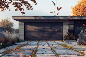 AI generated Garage door with a driveway in front. photo