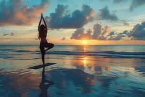 AI generated Woman practicing yoga on serene beach at sunset photo