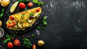 ai generado sano desayuno alimento, relleno huevo tortilla con vegetal foto