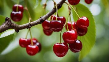 AI generated ripe cherries on a branch photo