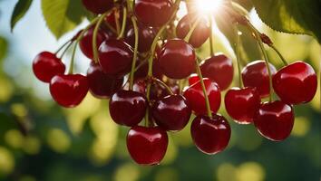 AI generated ripe cherries on a branch photo