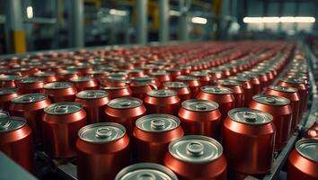 AI generated iron cans with drinks on a conveyor belt photo