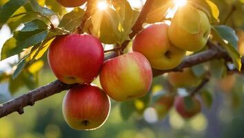 AI generated ripe red apples on a branch in the garden photo