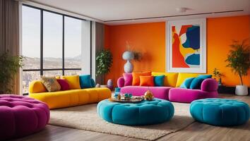 AI generated Modern living room with sofa and colored poufs photo