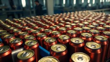 AI generated iron cans with drinks on a conveyor belt photo