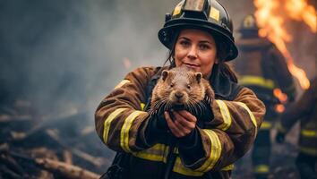 AI generated Female firefighter holding a beaver in her arms photo