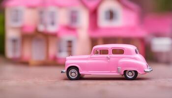 ai generado un rosado juguete coche es en frente de un rosado casa foto