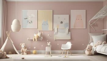 ai generado un rosado y blanco para niños habitación con un blanco silla, un osito de peluche oso y un pared foto