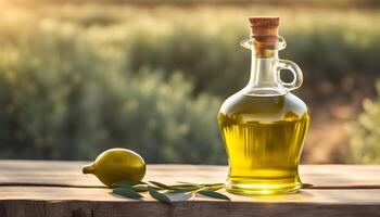 AI generated olive oil in a bottle on a wooden table photo