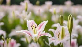 ai generado un campo de rosado y blanco lirios foto