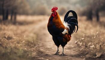 ai generado un gallo es en pie en un suciedad la carretera foto