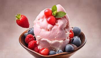 ai generado un cuenco de hielo crema con bayas y fresas foto