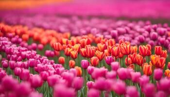 ai generado un campo de rosado y naranja tulipanes foto