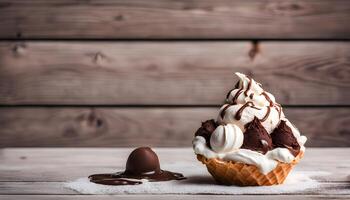 AI generated chocolate ice cream with a chocolate egg on top photo