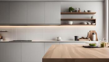 AI generated a modern kitchen with wooden counter and shelves photo
