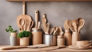 AI generated wooden kitchen utensils on a shelf photo