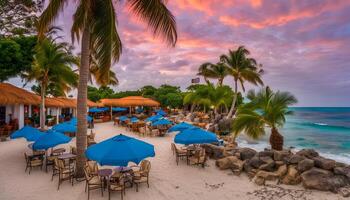 AI generated a beach with tables and umbrellas on the sand photo