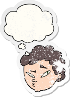 cartoon suspicious man with thought bubble as a distressed worn sticker png