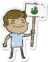 distressed sticker of a happy cartoon man with apple placard png