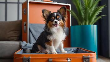 AI generated Cute dog with a suitcase in the apartment photo