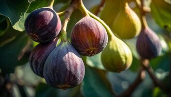AI generated Fresh ripe figs on a branch close-up photo