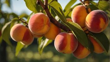 AI generated ripe peaches on a branch in the garden photo