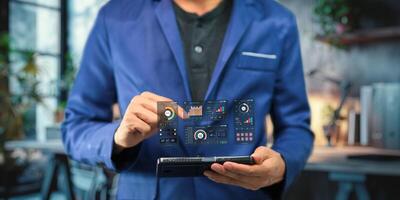 Holograms, Dashboards, Graphs, working of various technology devices. photo