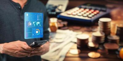 Holograms, Dashboards, Graphs, working of various technology devices. photo